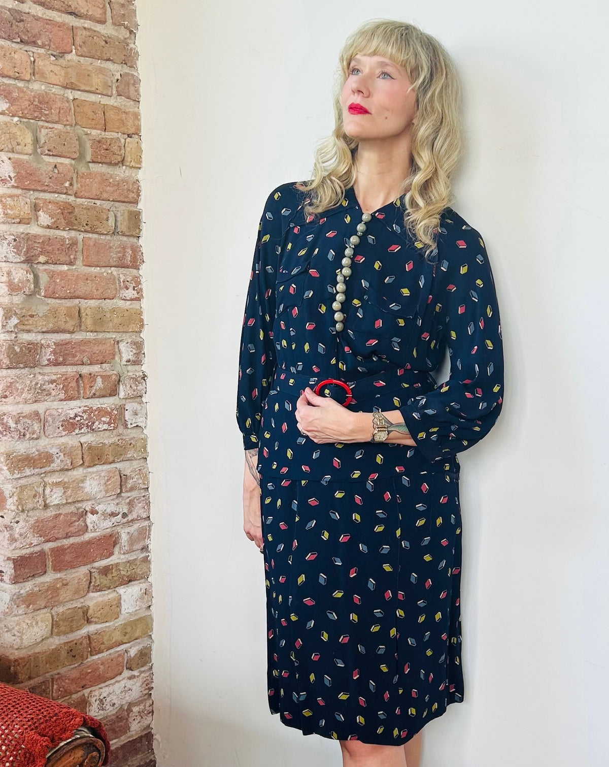 1930s Rayon Bright Geometric Print Dagger Collar Dress - Medium