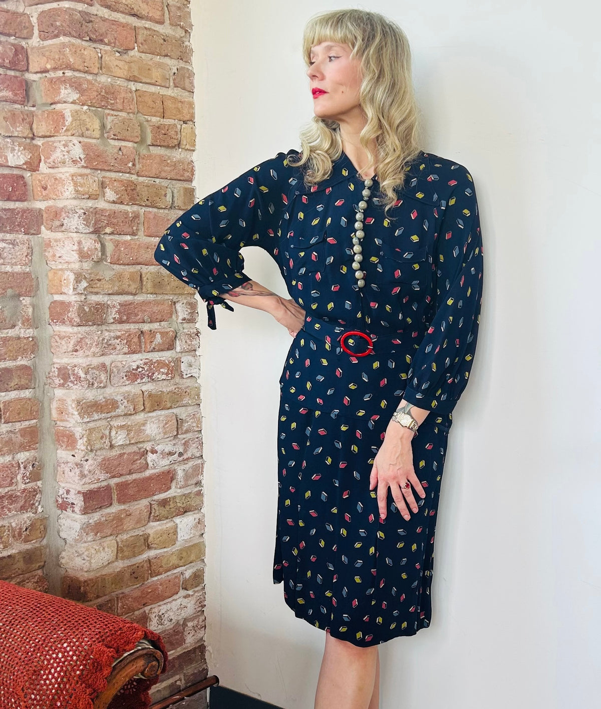 1930s Rayon Bright Geometric Print Dagger Collar Dress - Medium