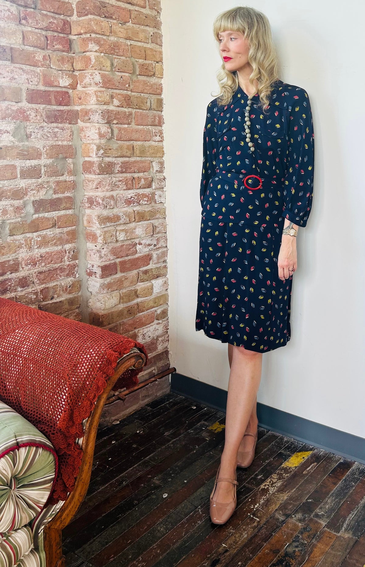 1930s Rayon Bright Geometric Print Dagger Collar Dress - Medium