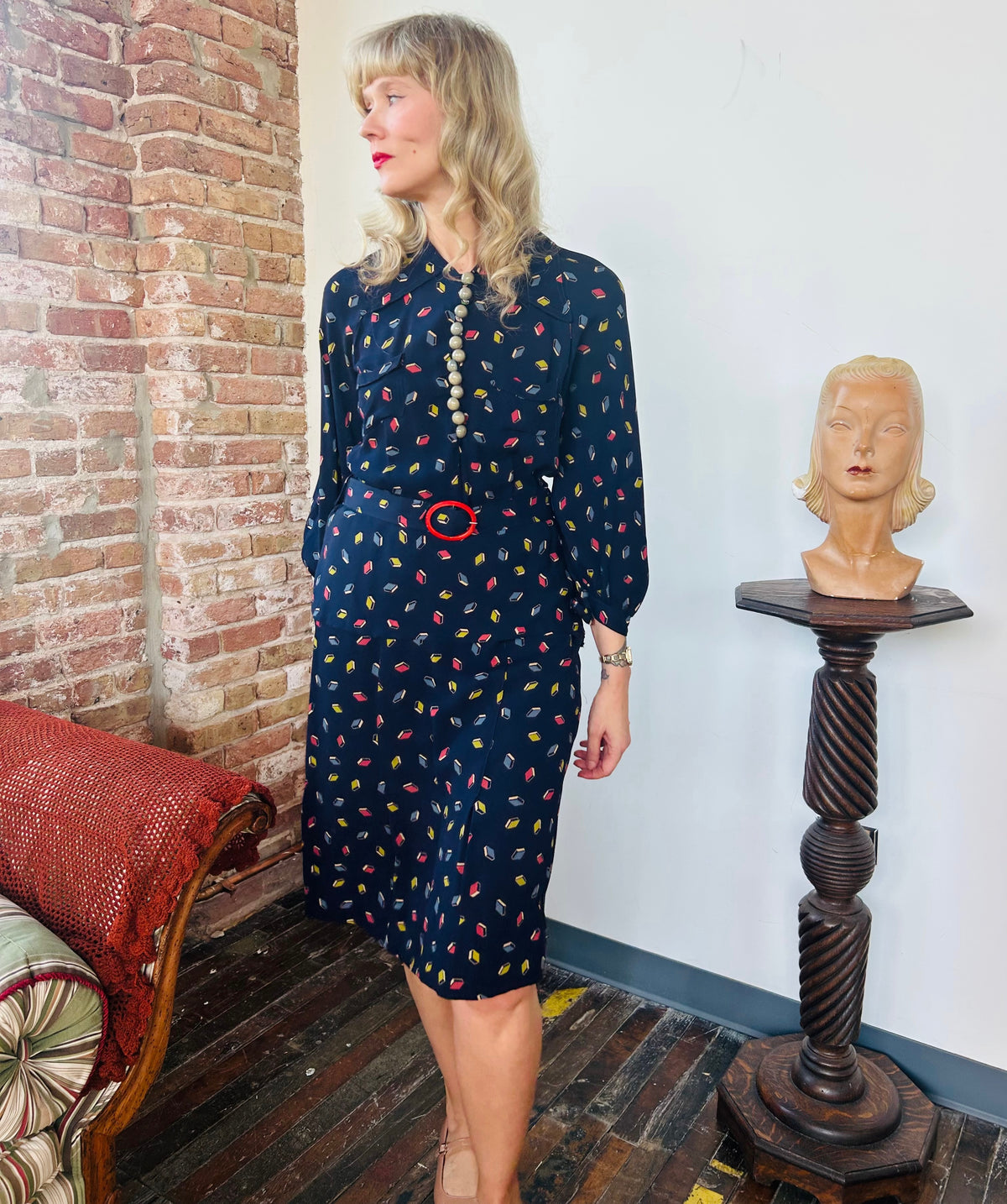1930s Rayon Bright Geometric Print Dagger Collar Dress - Medium
