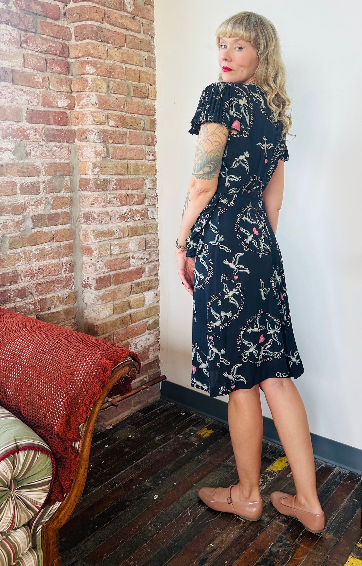 1940s French Love Birds Novelty Print Silk Dress - Small