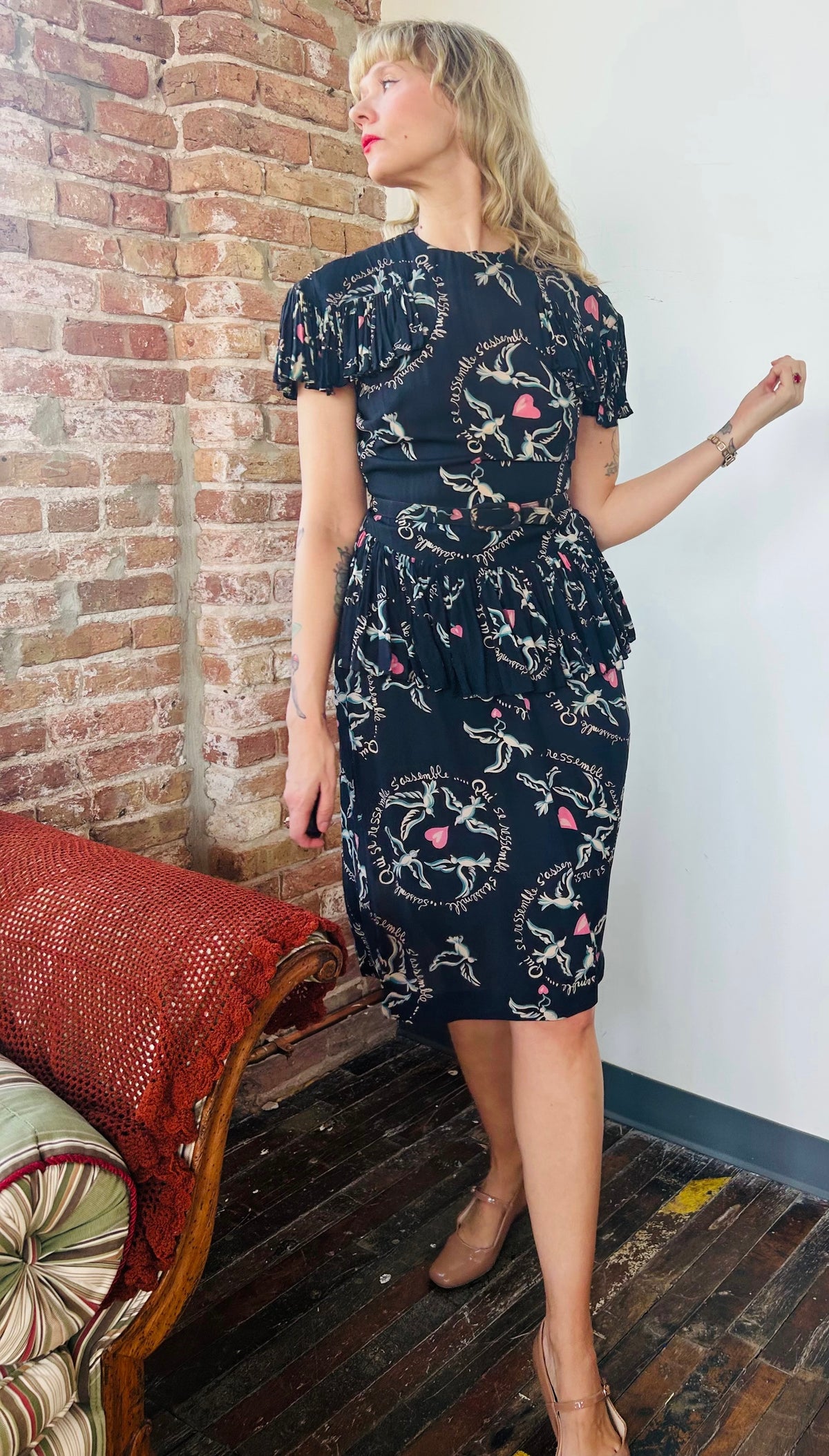 1940s French Love Birds Novelty Print Silk Dress - Small