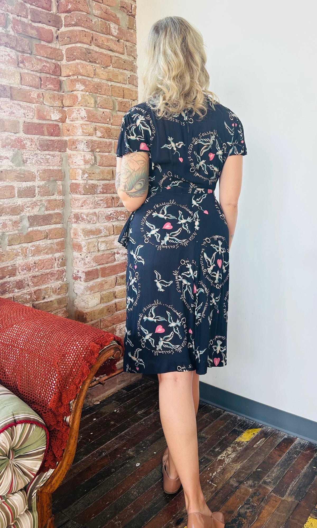1940s French Love Birds Novelty Print Silk Dress - Small