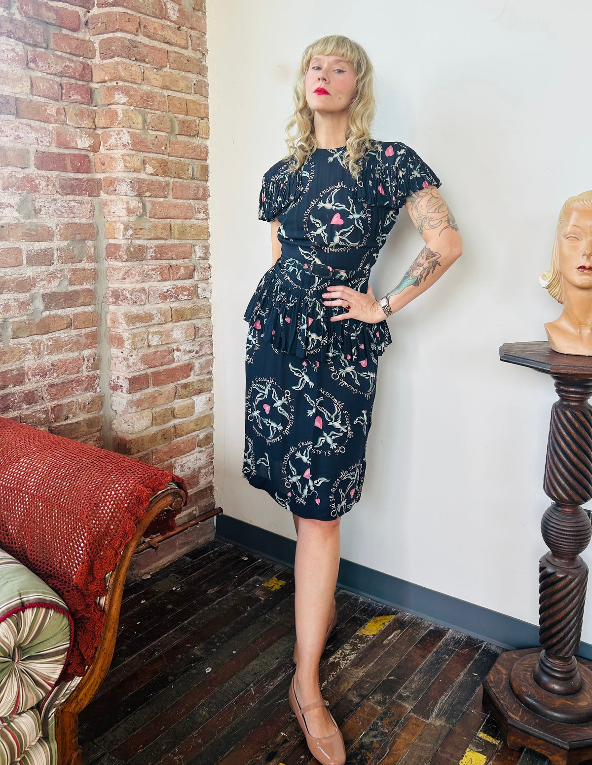1940s French Love Birds Novelty Print Silk Dress - Small