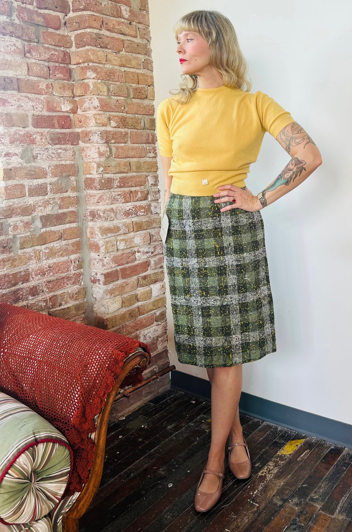 1950s Tweed Green and Gold Skirt - Small and 1960s NOS Talbot Mazet Yellow Sweater - Small to Medium
