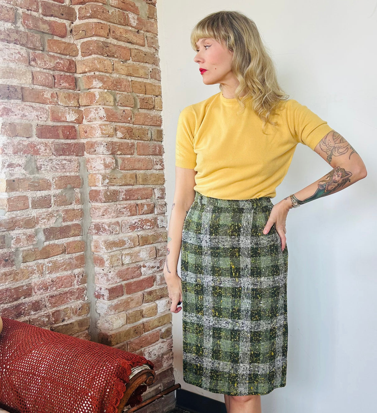 1950s Tweed Green and Gold Skirt - Small and 1960s NOS Talbot Mazet Yellow Sweater - Small to Medium