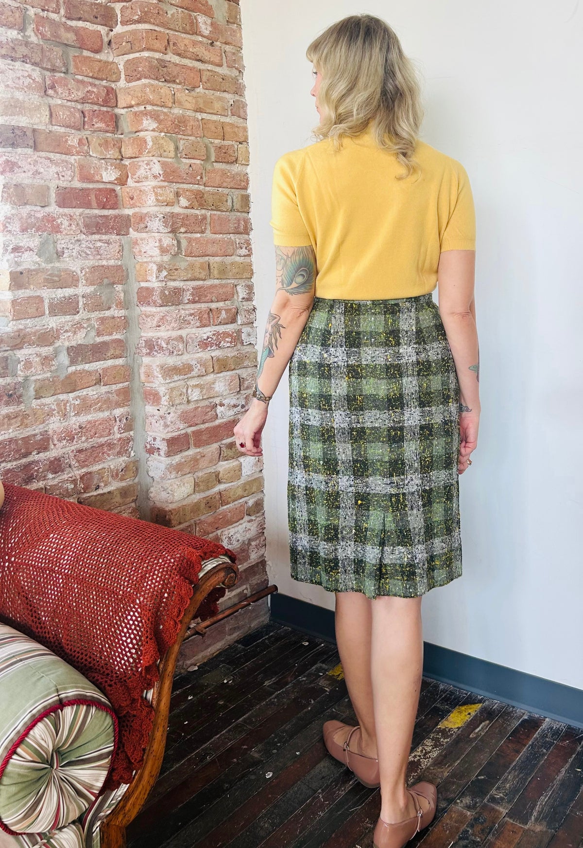 1950s Tweed Green and Gold Skirt - Small and 1960s NOS Talbot Mazet Yellow Sweater - Small to Medium