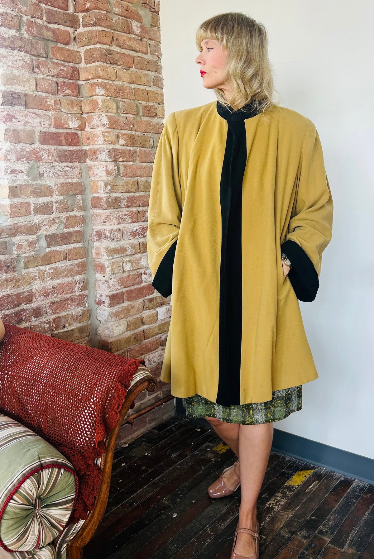 1940s Gold & Black Wool Swing Coat - Large 