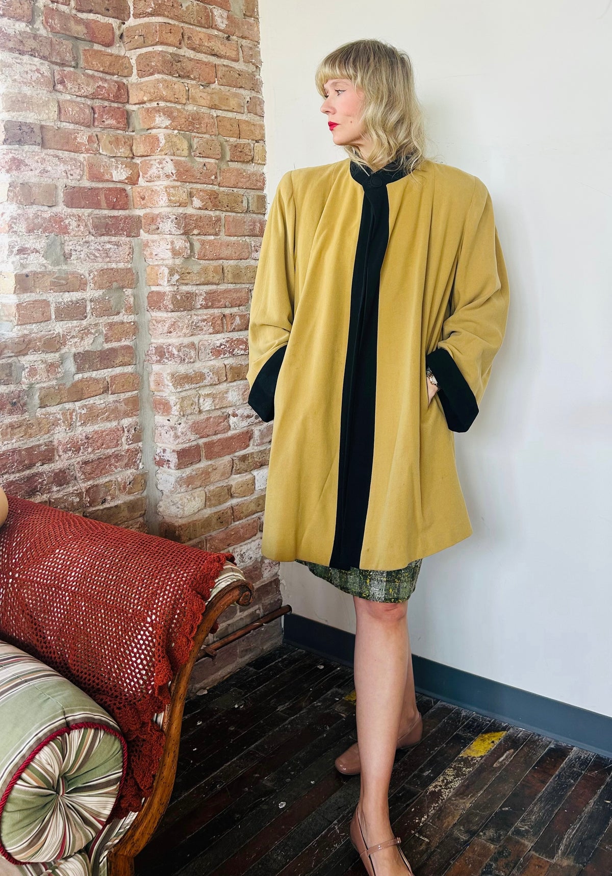 1940s Gold & Black Wool Swing Coat - Large 