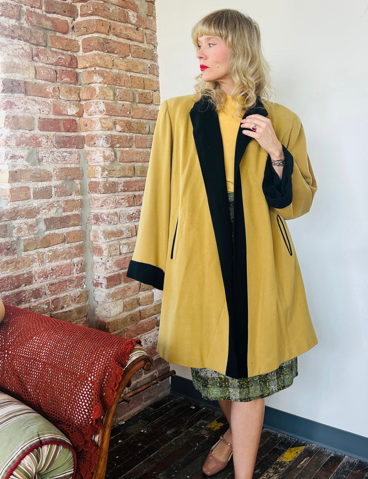 1940s Gold & Black Wool Swing Coat - Large 