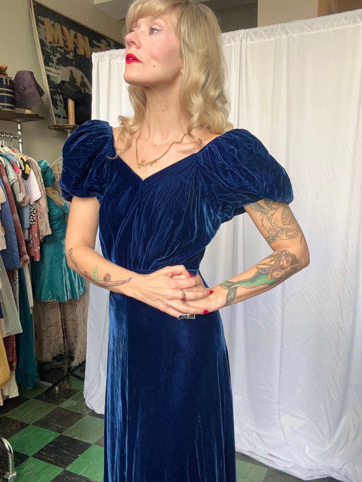 1930s Sapphire Blue Puff Sleeve Gown - Small to Medium