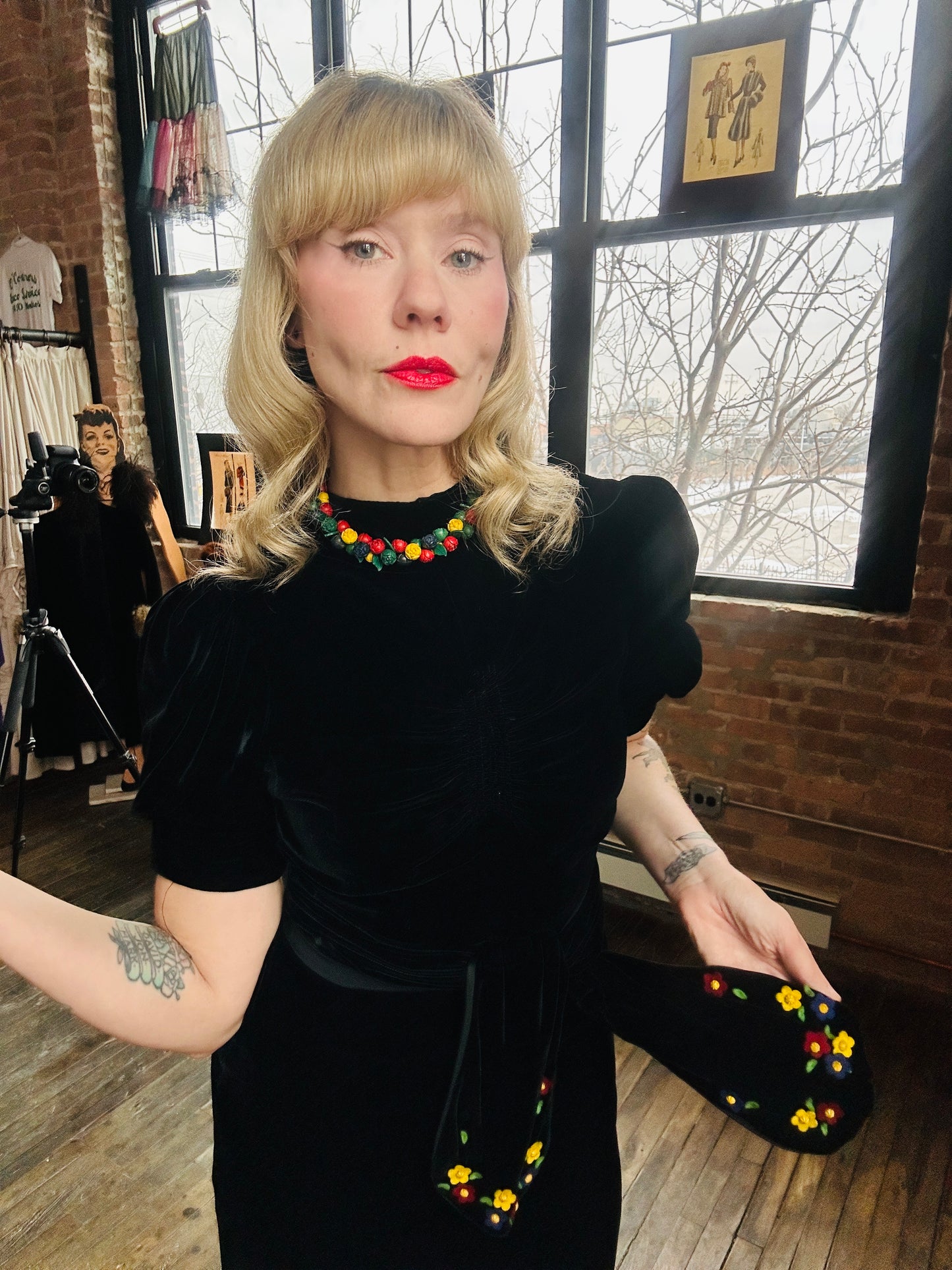 1930s Black Silk Velvet Dress with Belt - Xsmall