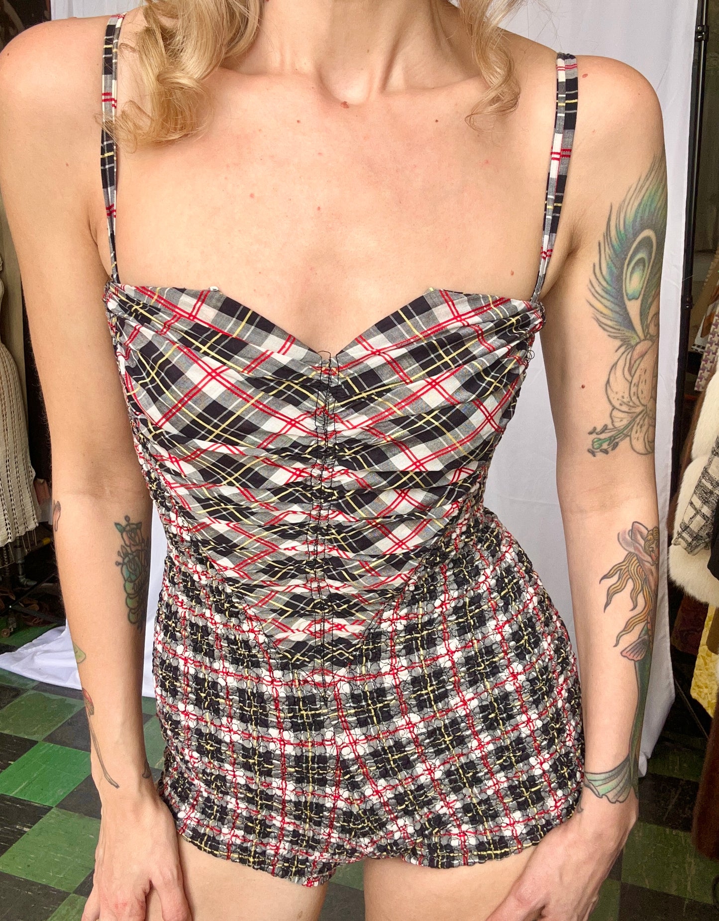 1950s Gingham Puckered Cotton Frances Sider Swimsuit - Small to Medium