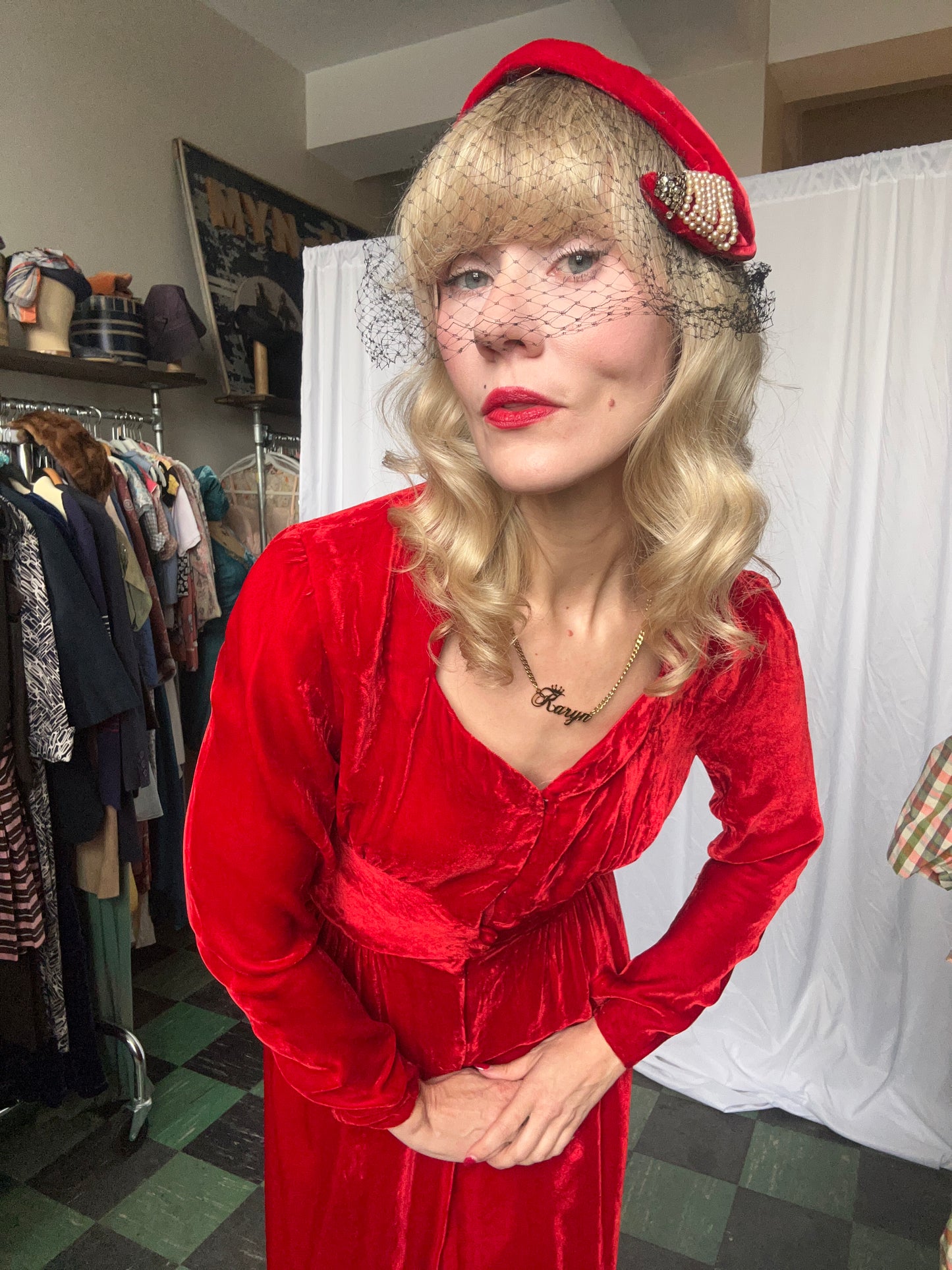 1940s Red Velvet Hat with Veil