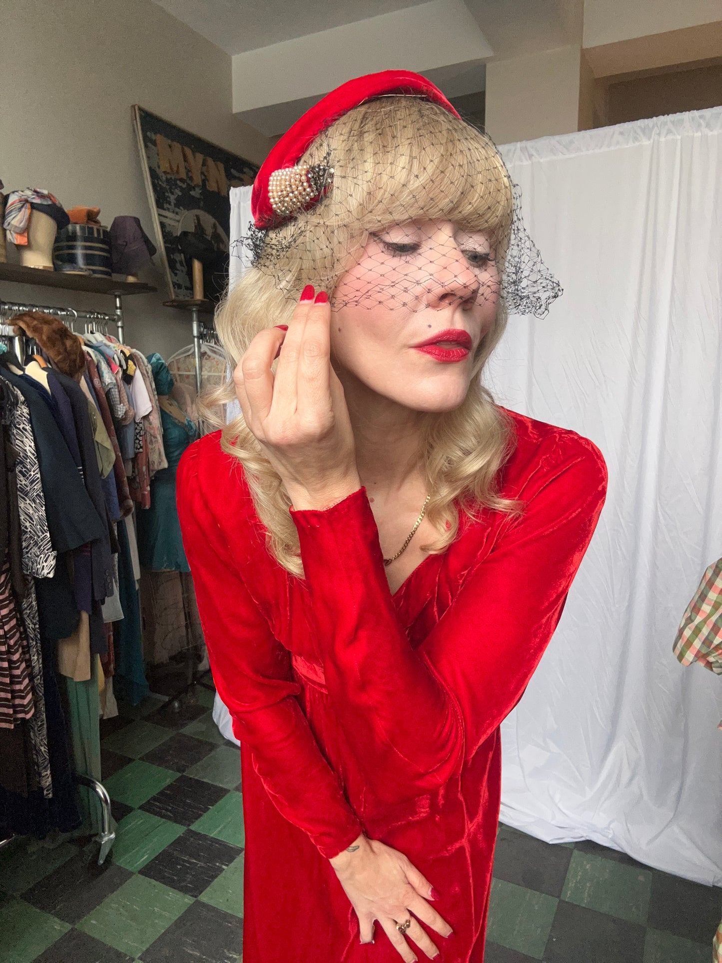 1940s Red Velvet Hat with Veil