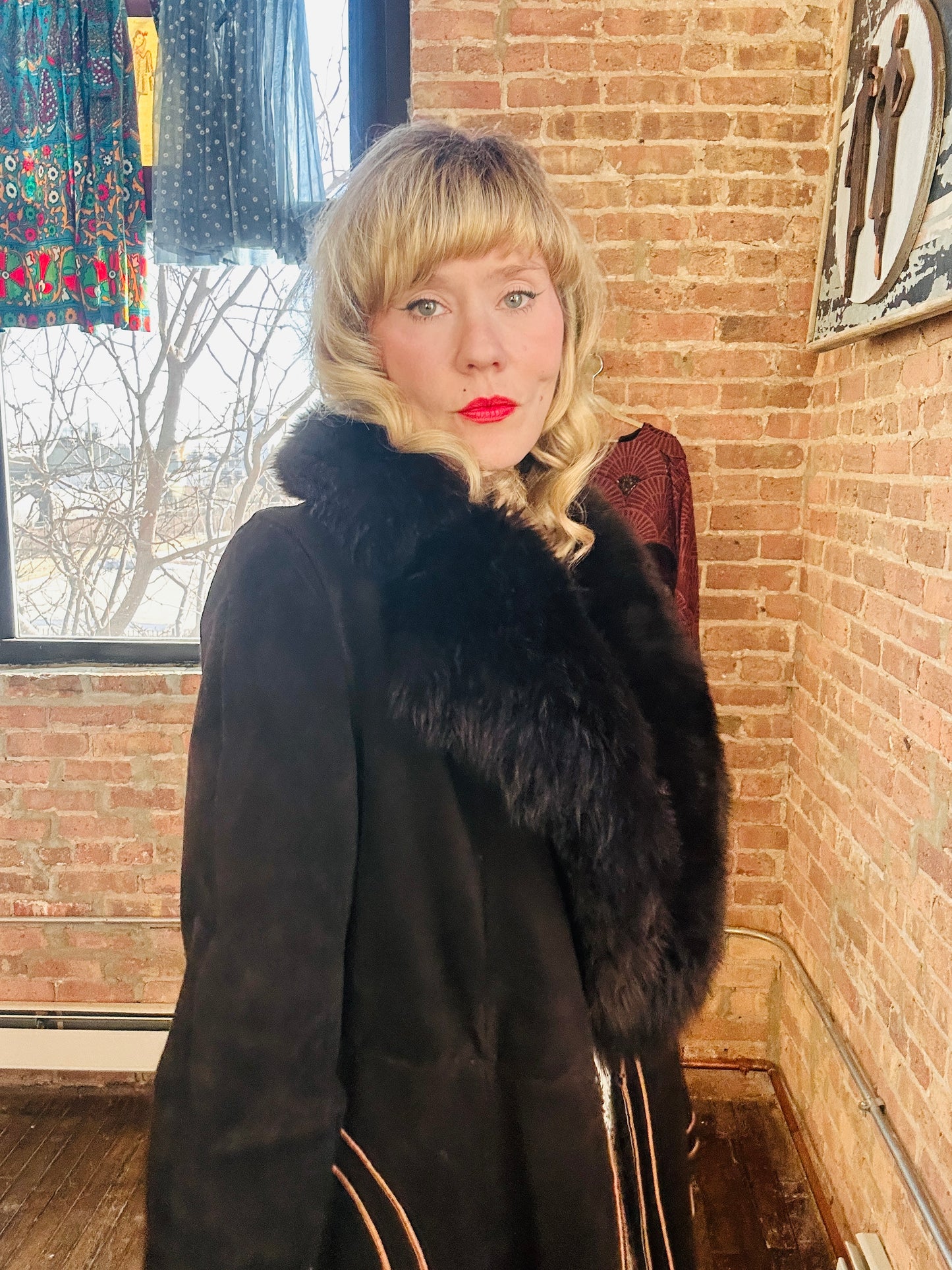 1970s Deep Brown Shearling Suede Penny Lane Coat - Medium