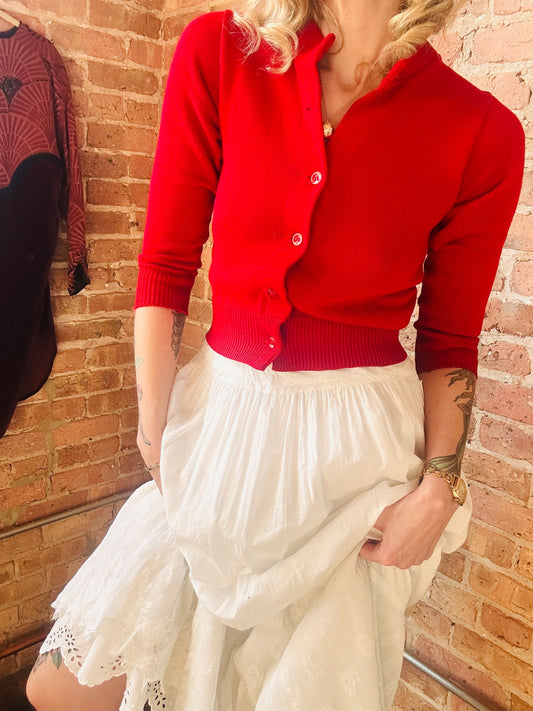 1900s Edwardian Cotton Under Skirt - Small & 1960s Red Wool Cropped Sweater - Xs/S