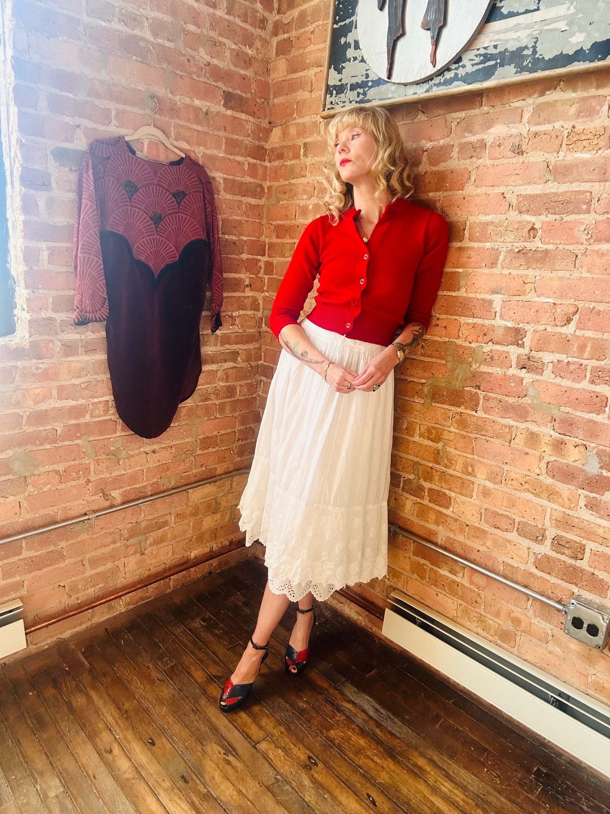 1900s Edwardian Cotton Under Skirt - Small & 1960s Red Wool Cropped Sweater - Xs/S