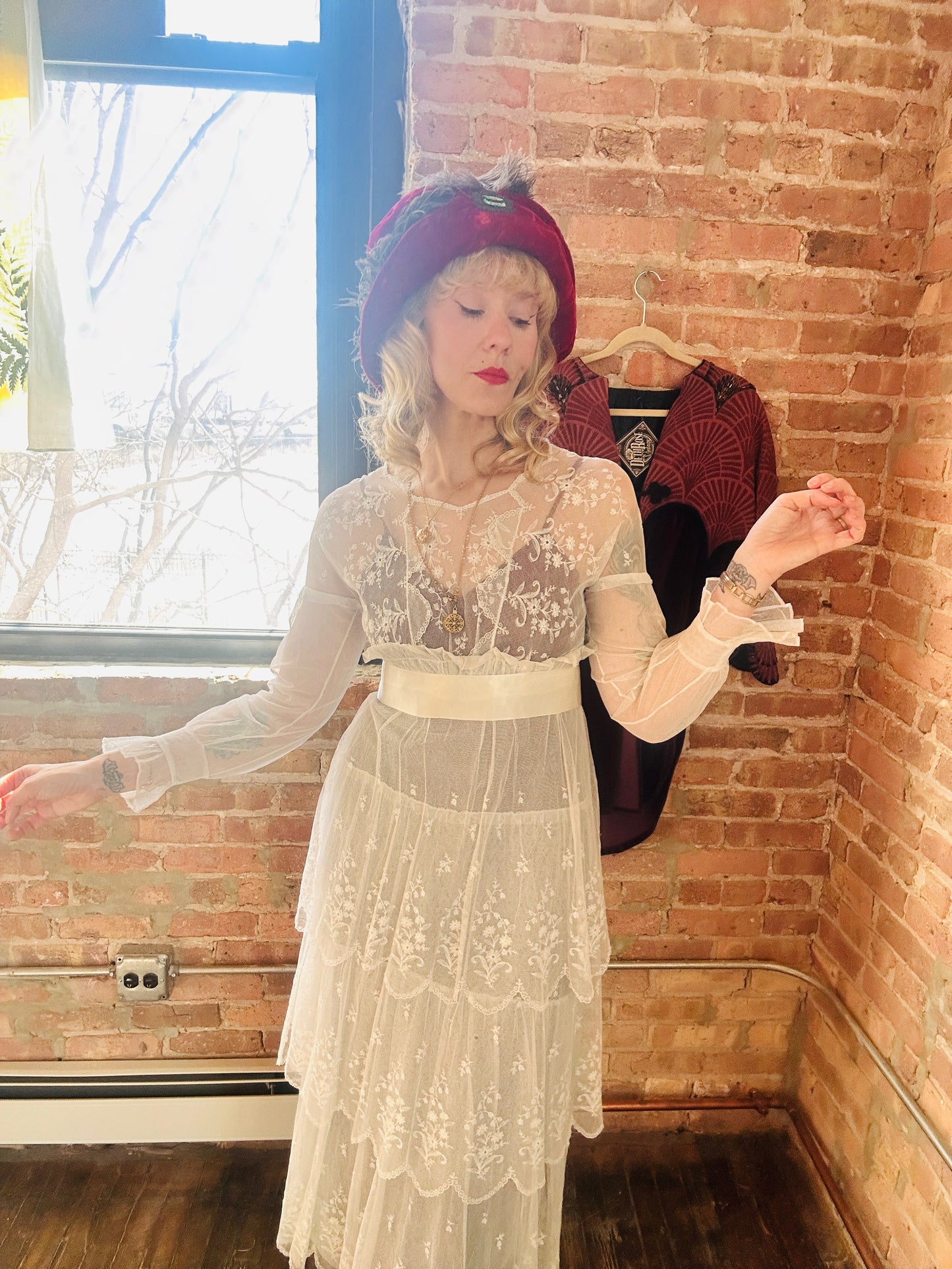 Edwardian Lace Tulle Tiered Sheer Wedding Dress - Small