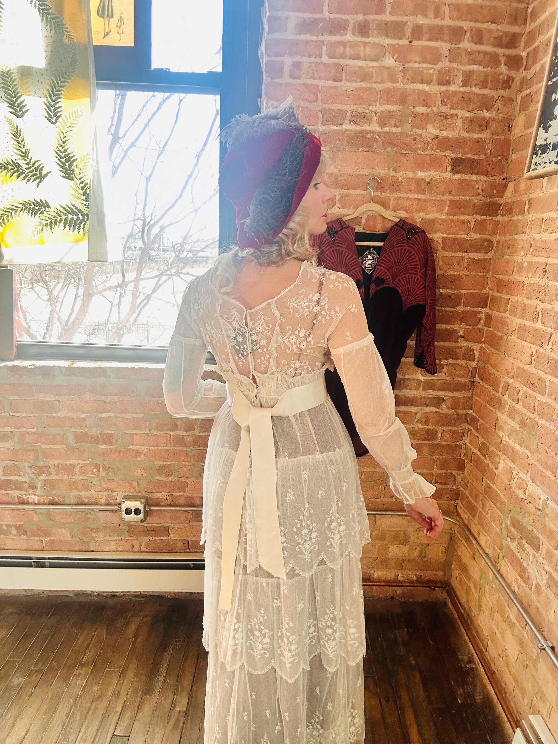 Edwardian Lace Tulle Tiered Sheer Wedding Dress - Small