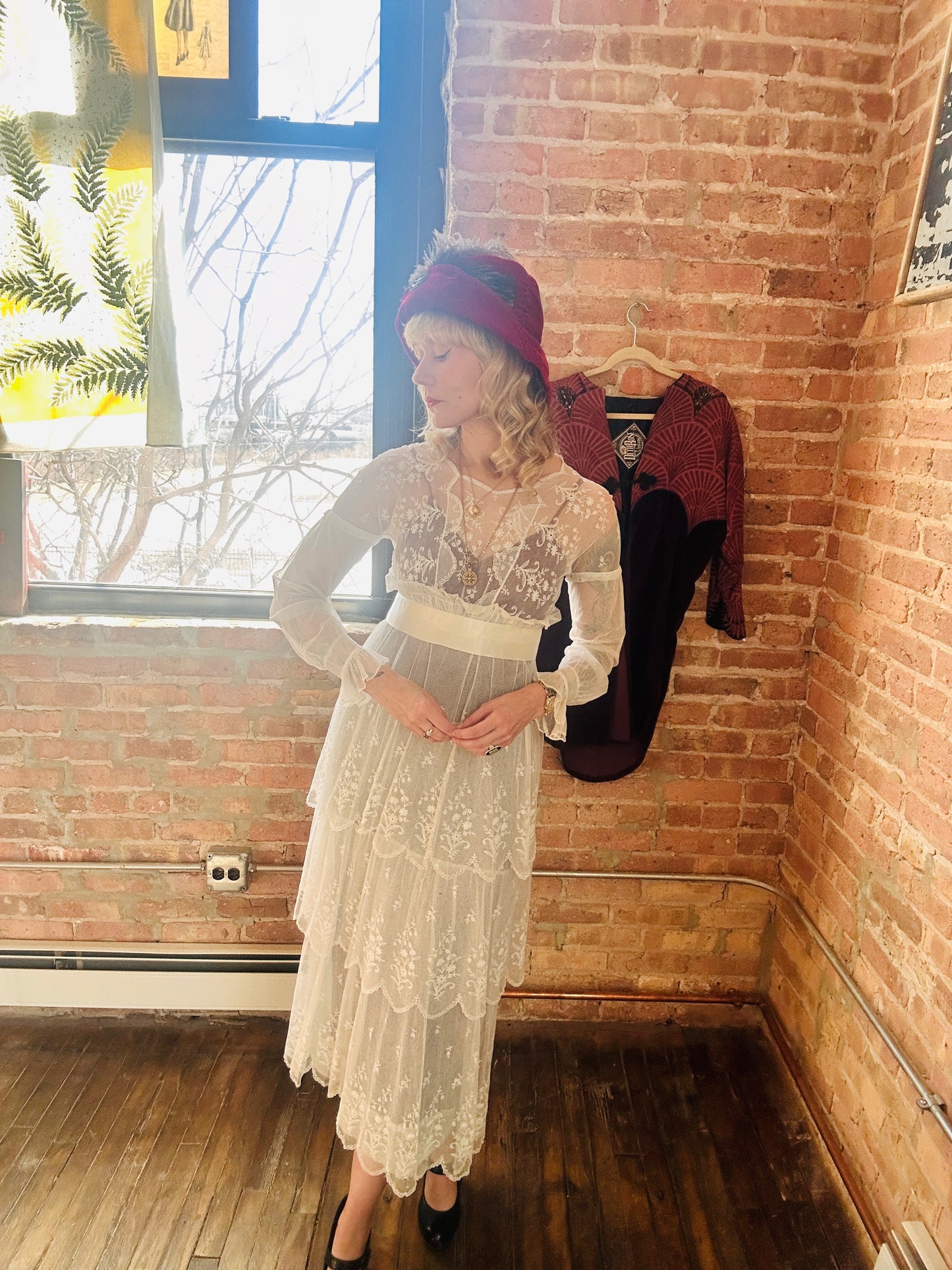 Edwardian Lace Tulle Tiered Sheer Wedding Dress - Small