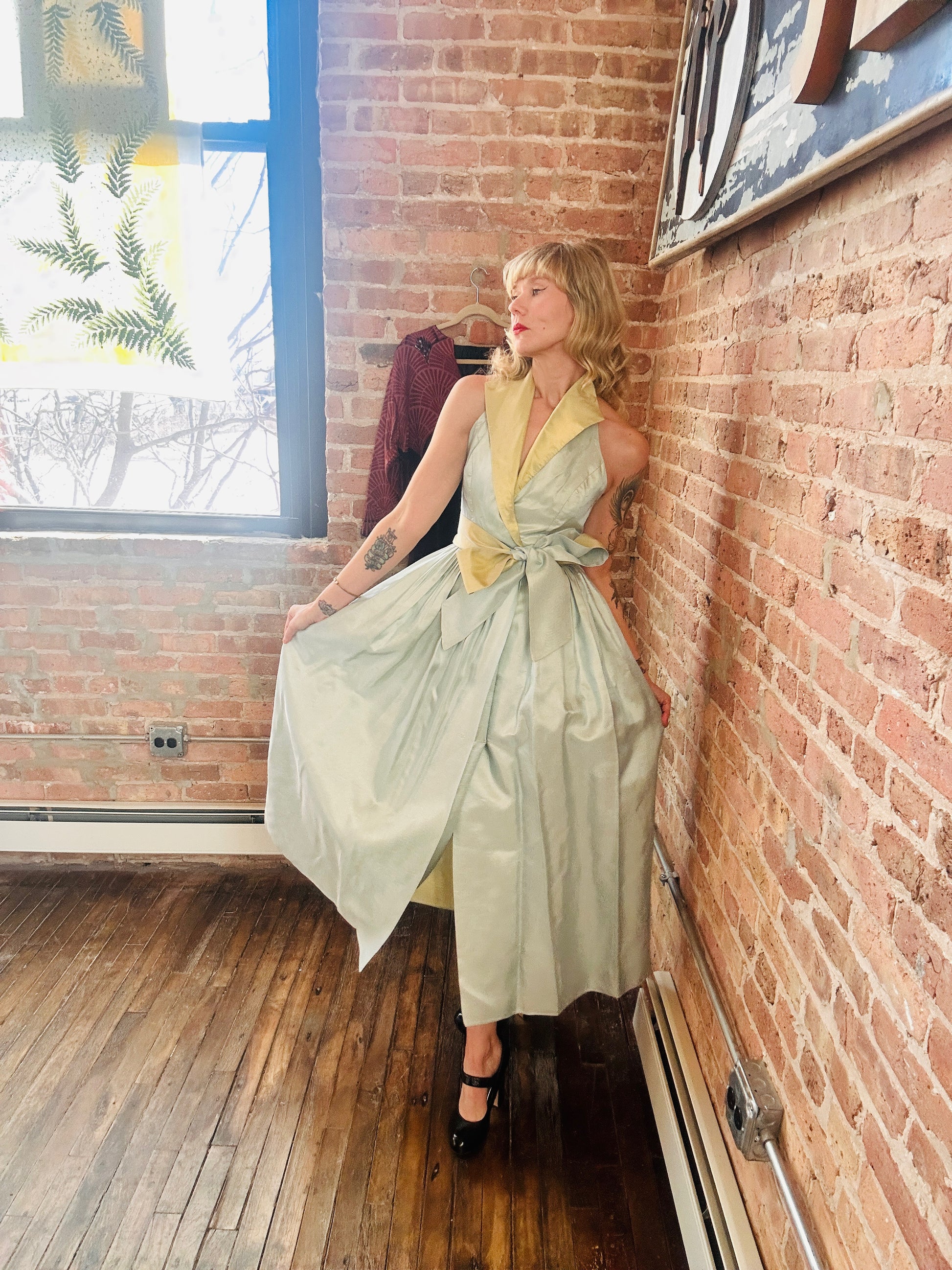 1980s SkyBlue & Yellow Two Tone Taffeta Halter Gown - Small