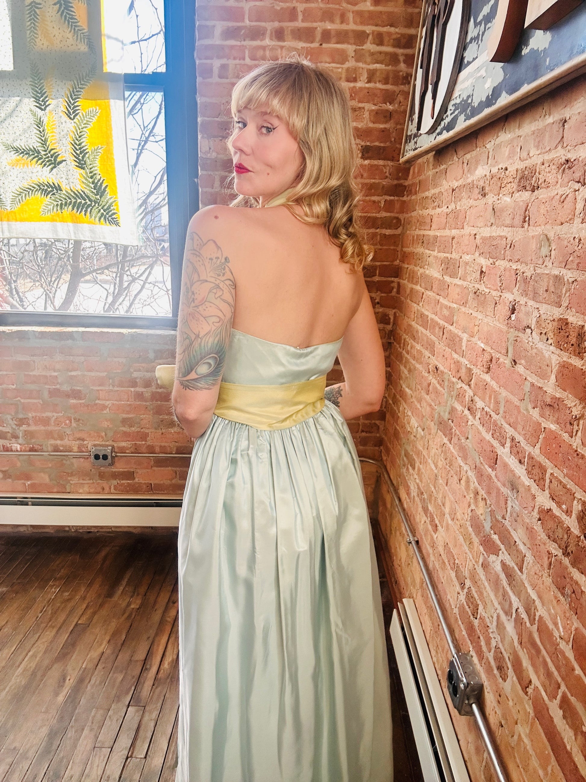 1980s SkyBlue & Yellow Two Tone Taffeta Halter Gown - Small