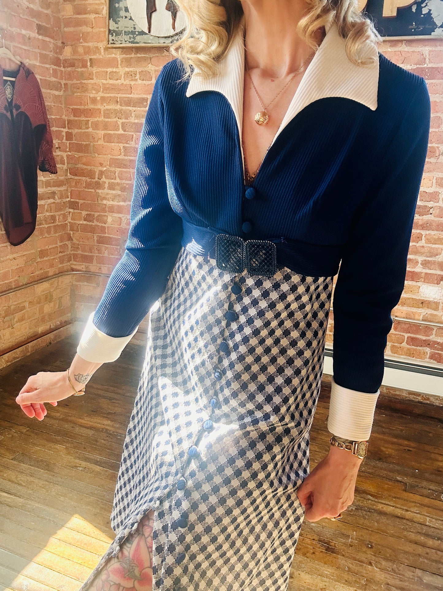 1960s Navy & White Polyester Mod Dress - Medium