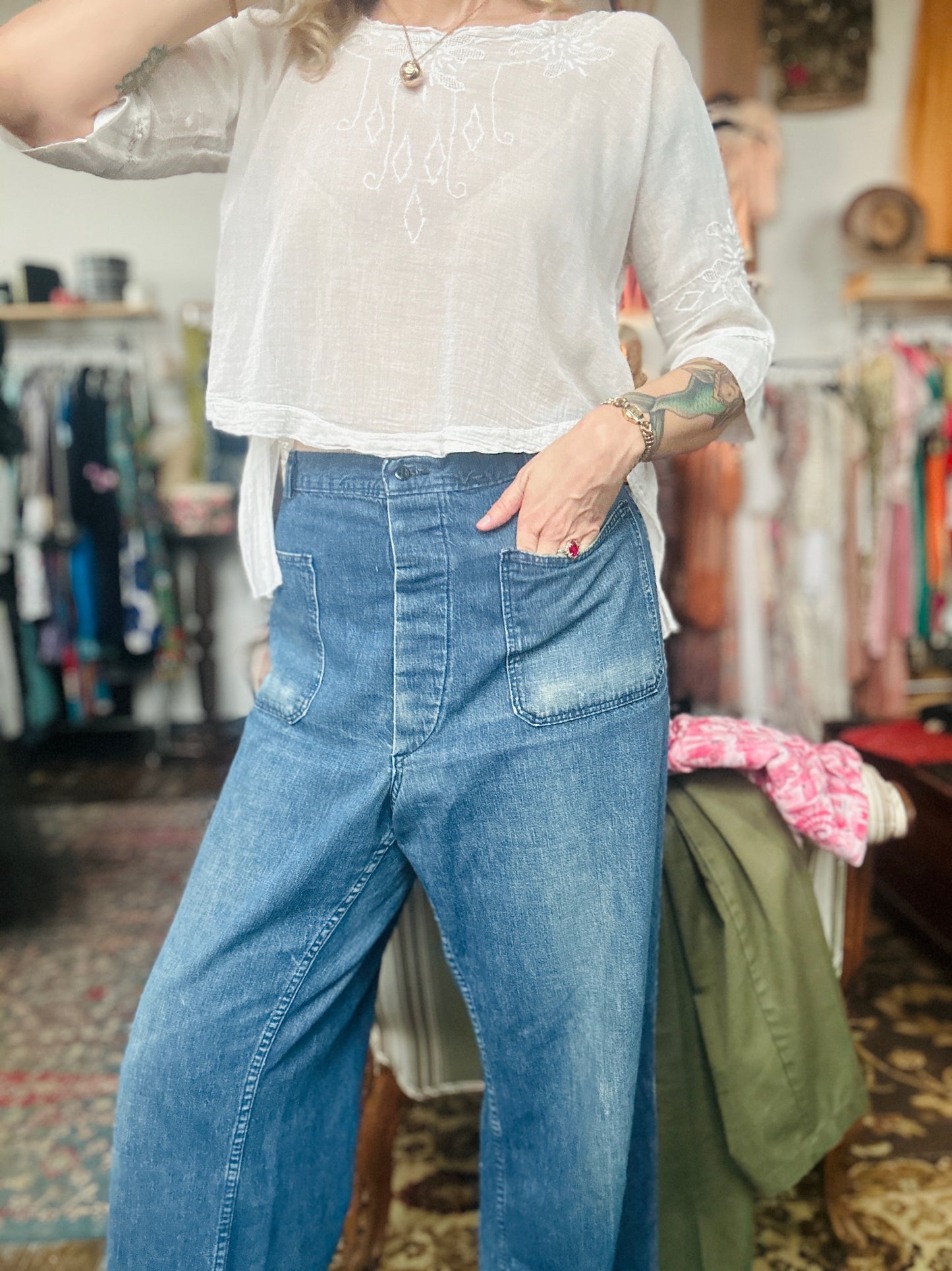 Late 1940s Naval Denim 4 pocket Button Fly Jeans - 40"x32"
