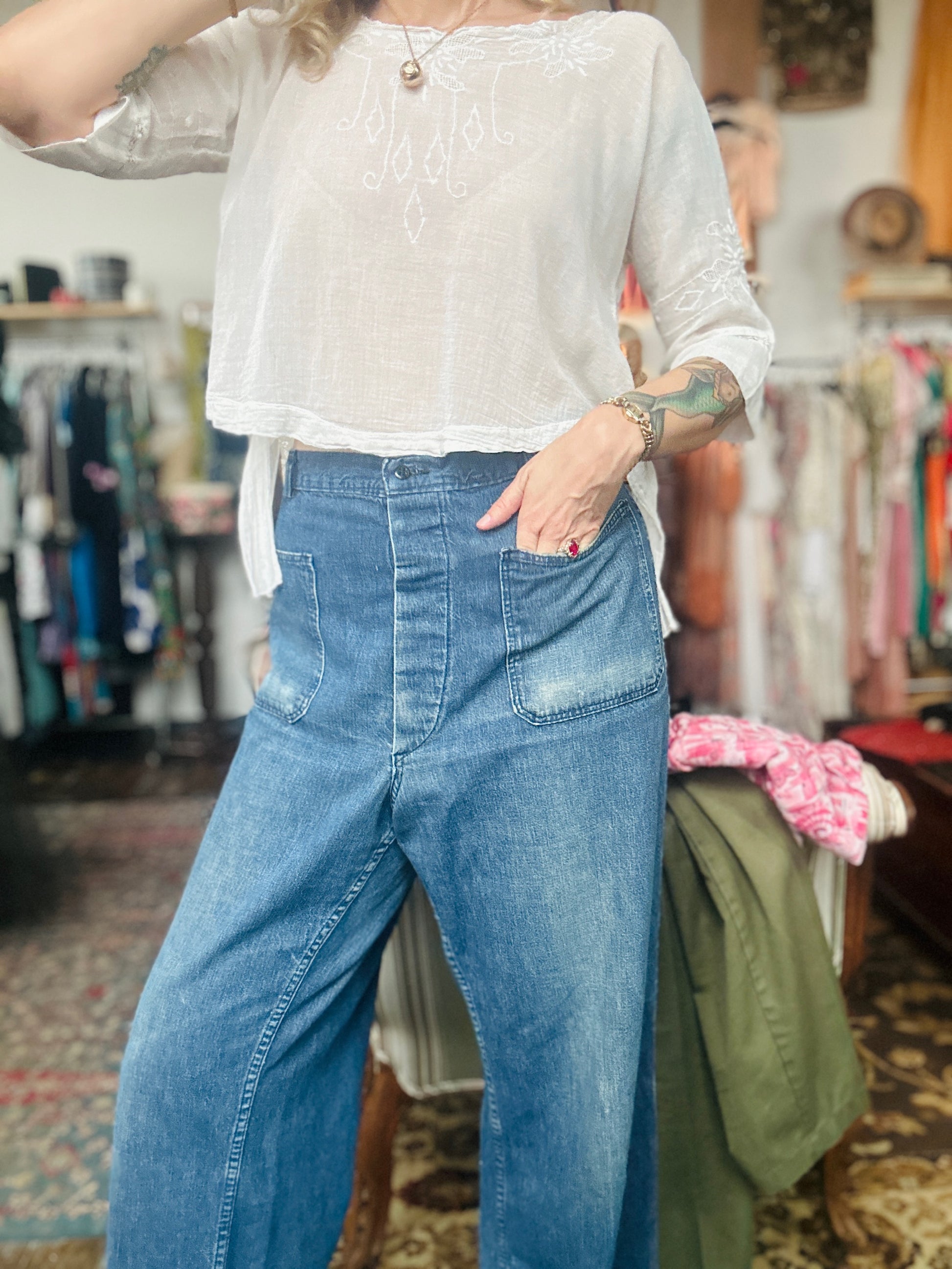 Late 1940s Naval Denim 4 pocket Button Fly Jeans - 40"x32"