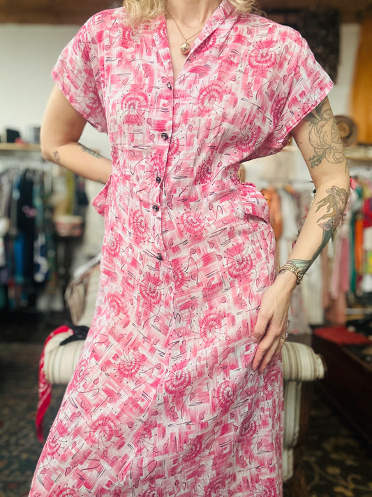 1950s Hearts and Pinwheels Cotton Dress - Large