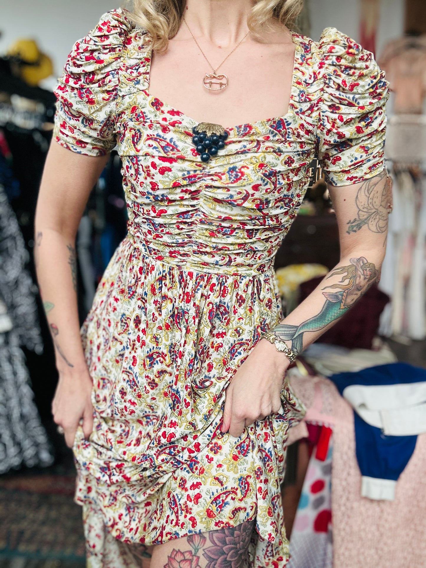 1930s Rayon Jersey Floral Gown with Bakelite clip - Xsmall