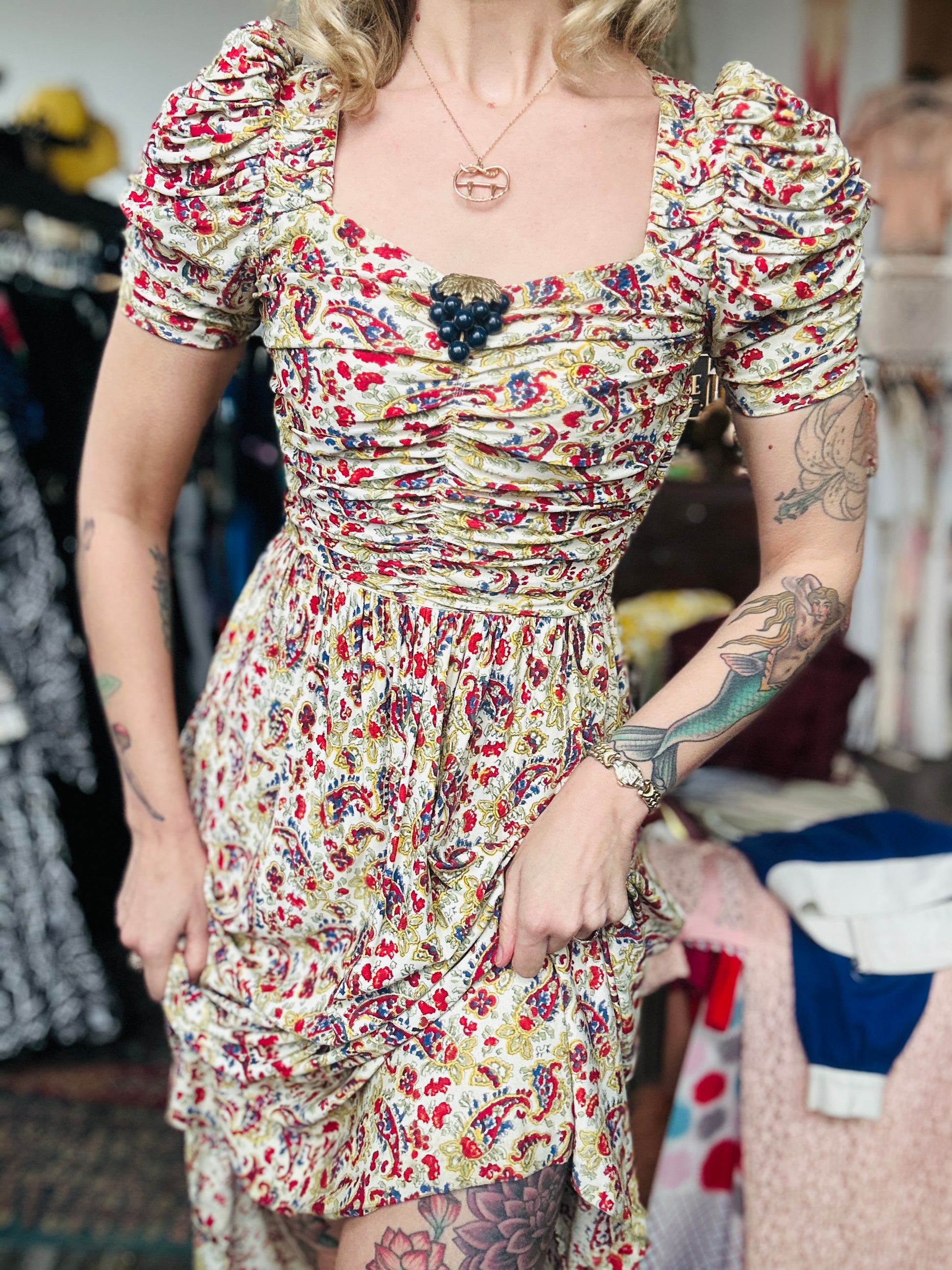 1930s Rayon Jersey Floral Gown with Bakelite clip - Xsmall