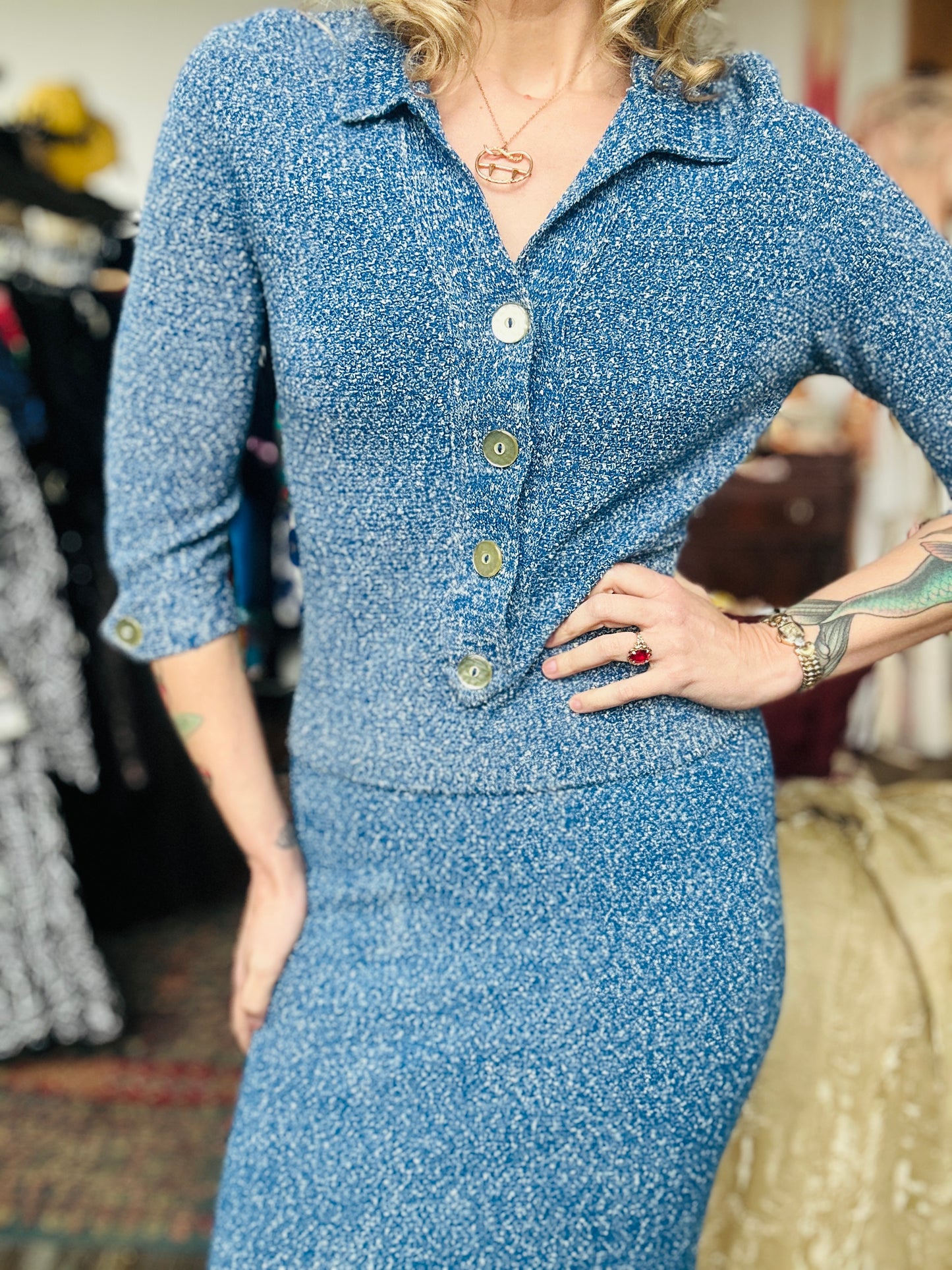 1960s Saks Fifth Avenue Knit 2pc Set Sweater + Skirt - Small
