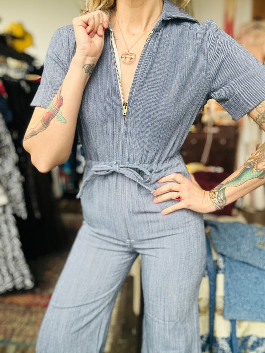 1970s Lady Vanderbilt Denim Jumpsuit - Small Petite - NWT