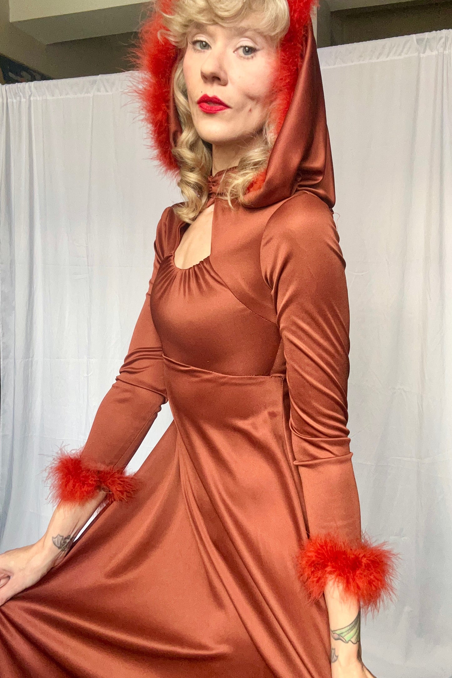 1970s Disco Hooded Gown with Marabou Feathers - XXS