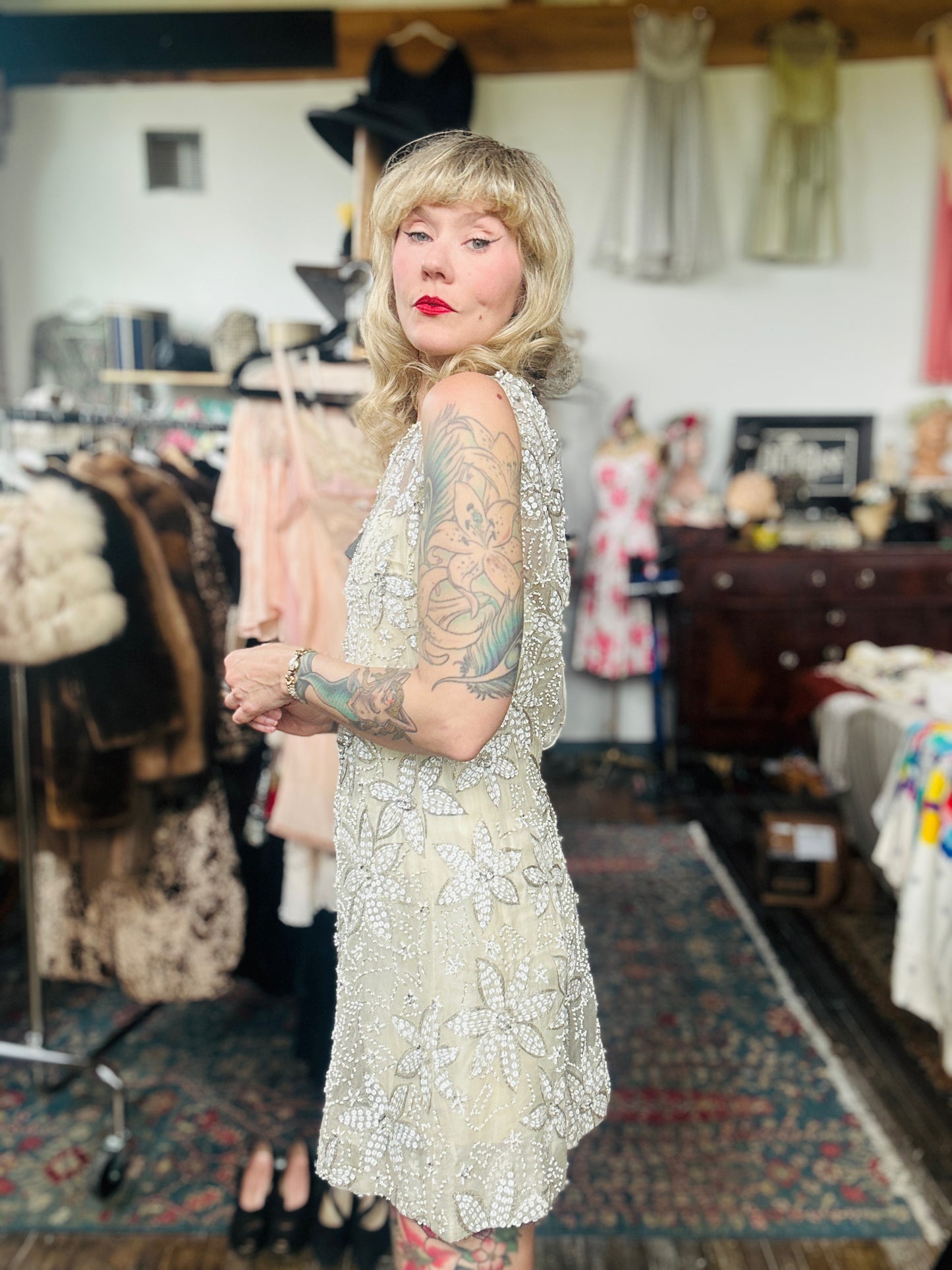 1960s Sequined and Beaded Star Flower Silk Mini Dress by Malcolm Starr - Xs/S