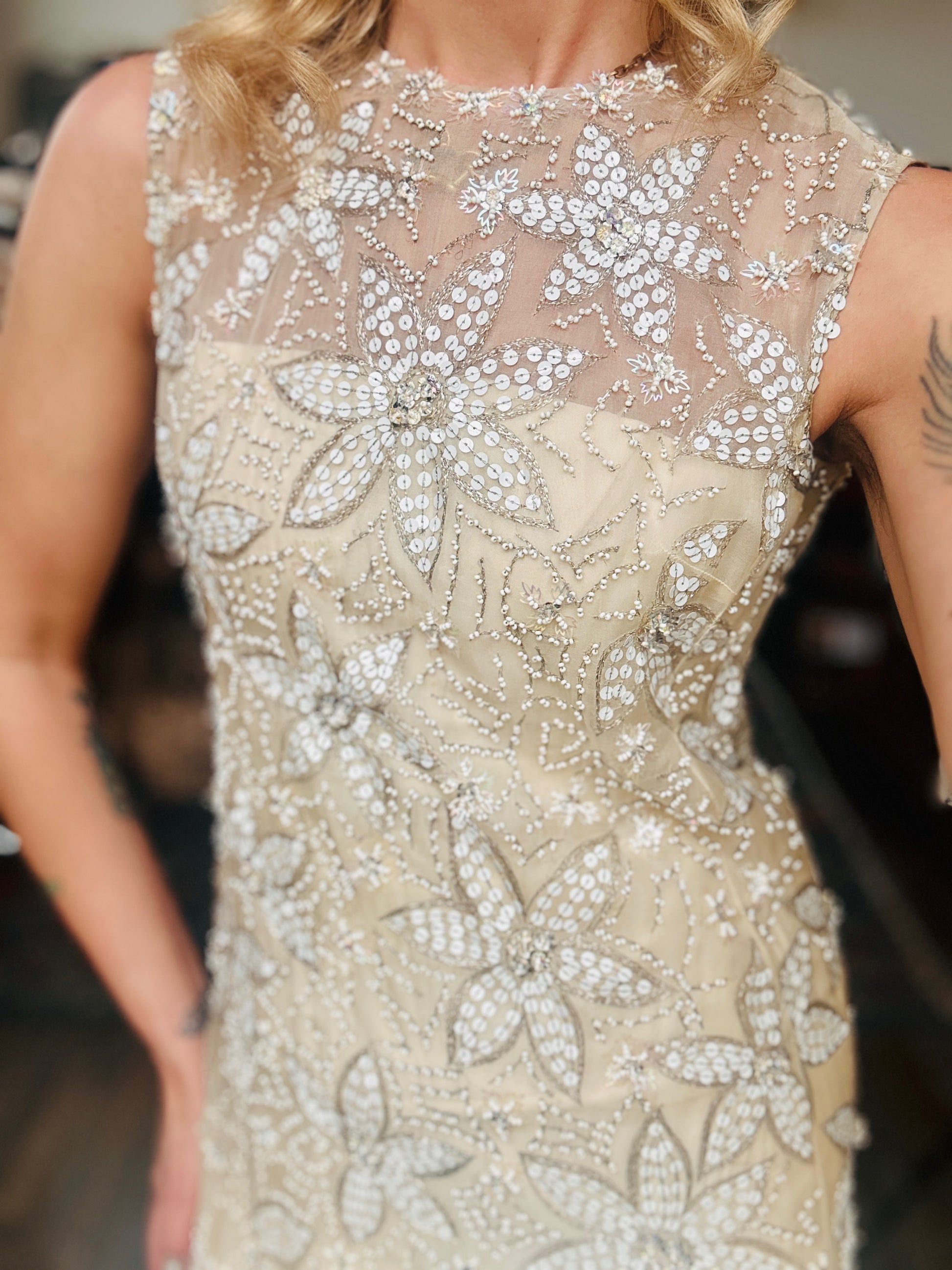 1960s Sequined and Beaded Star Flower Silk Mini Dress by Malcolm Starr - Xs/S