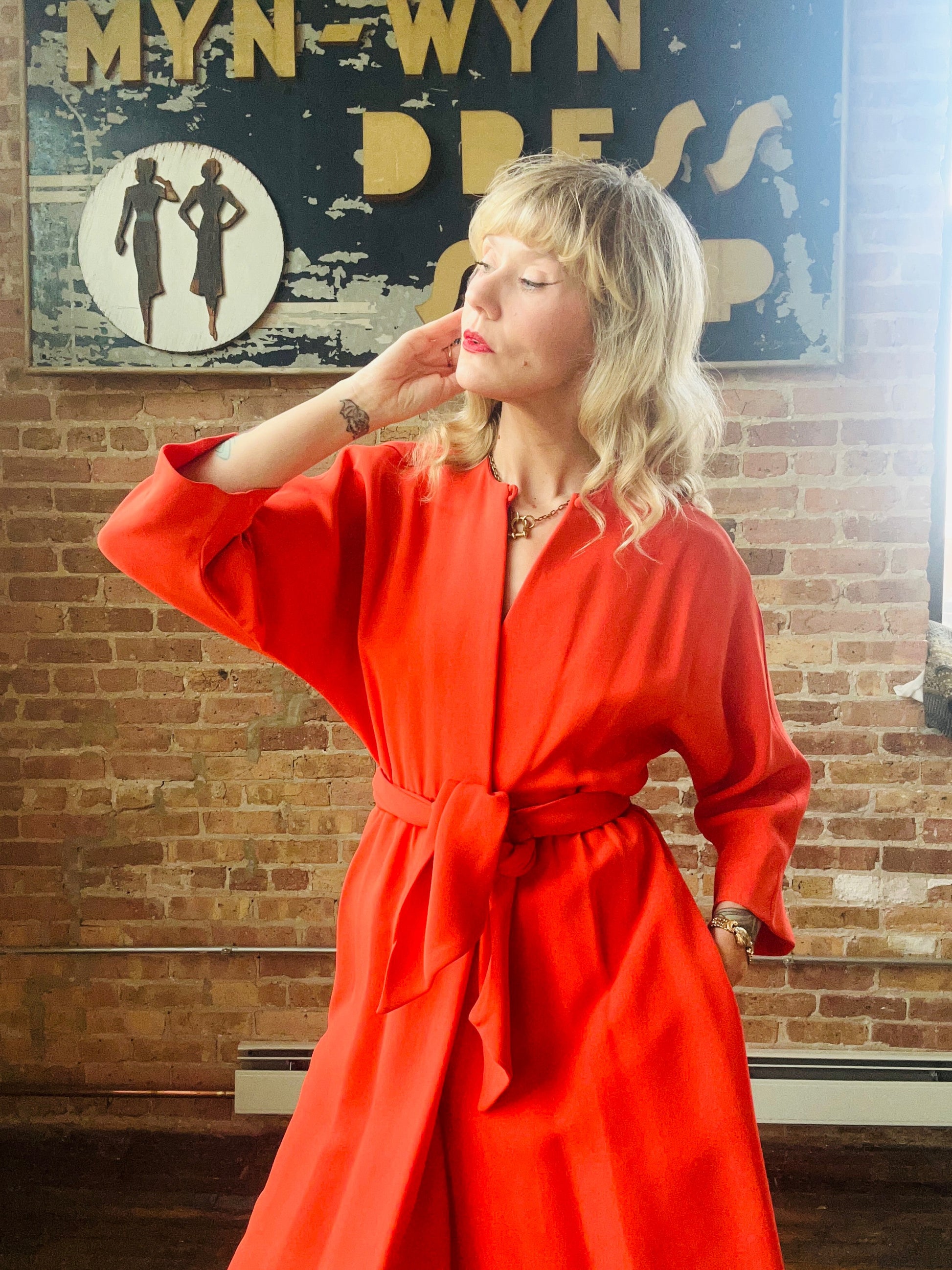 1960s Bright Melon Wool Wrap Dress - Small