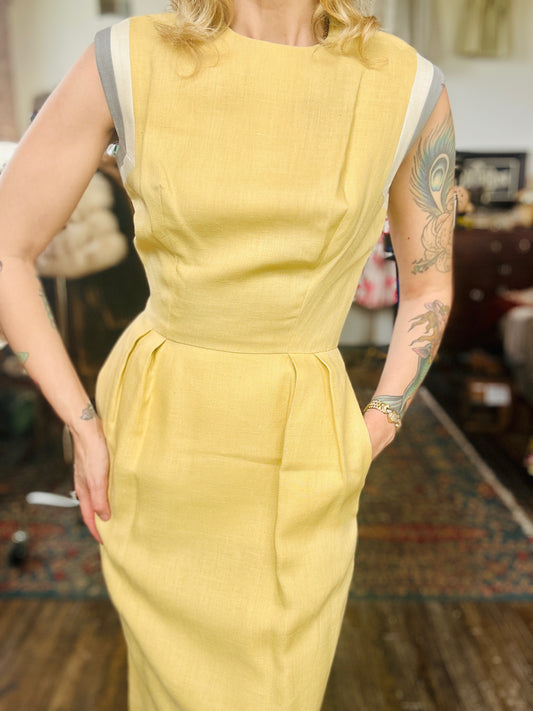 1960s Yellow Linen Teal Traina Dress - Small 