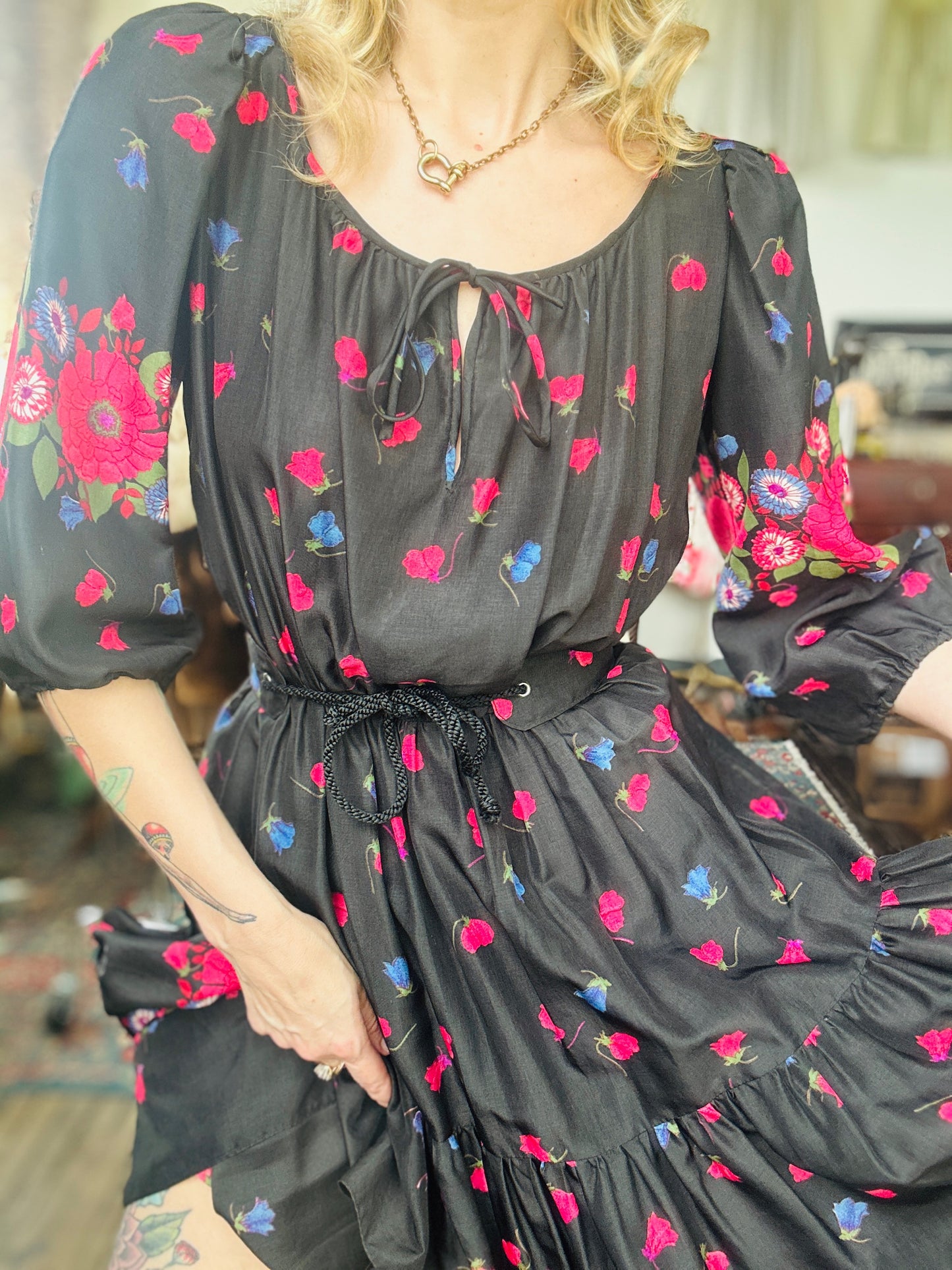 1950s Silk Floral Tiered Skirt Dress - Small