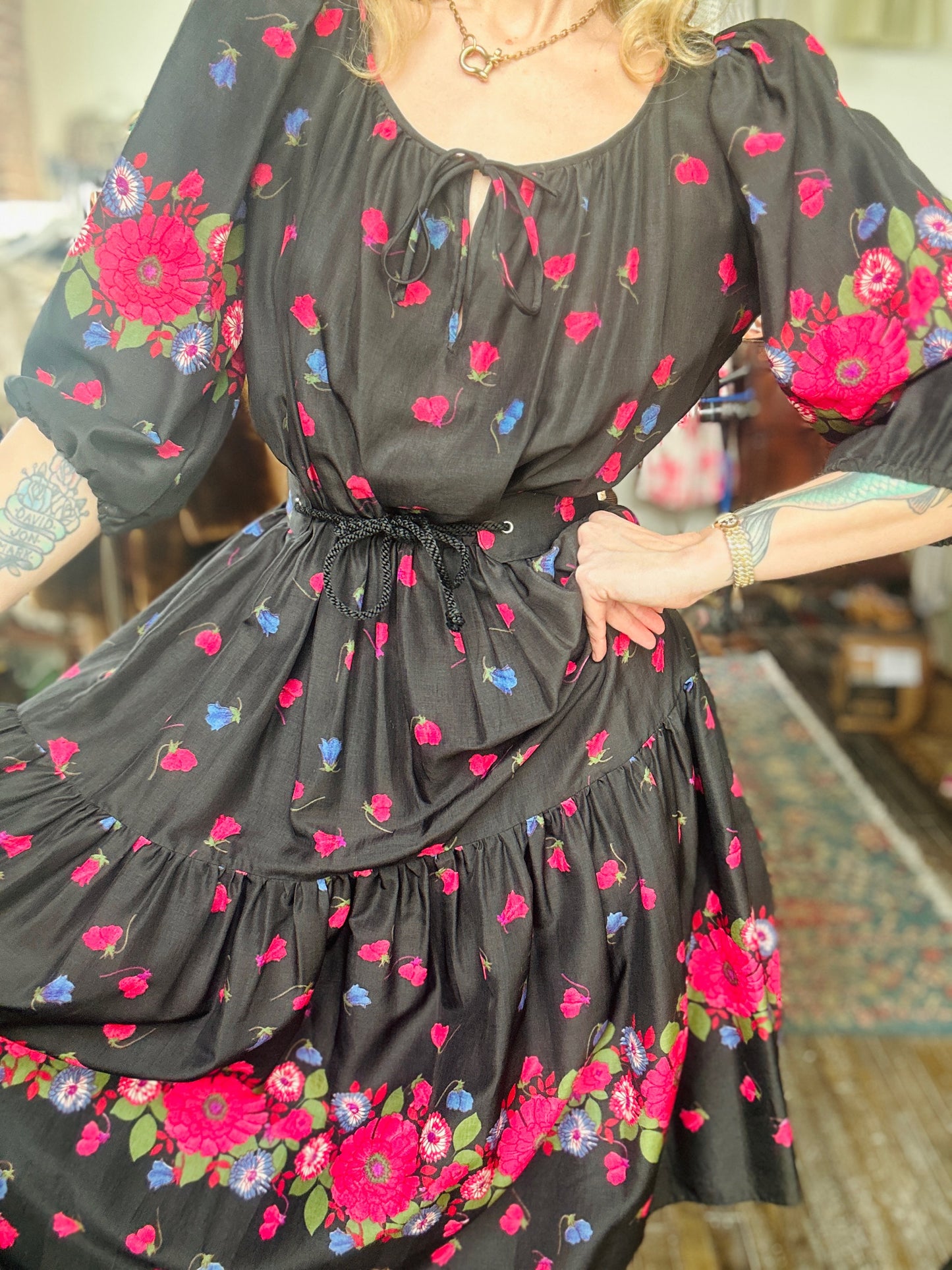 1950s Silk Floral Tiered Skirt Dress - Small