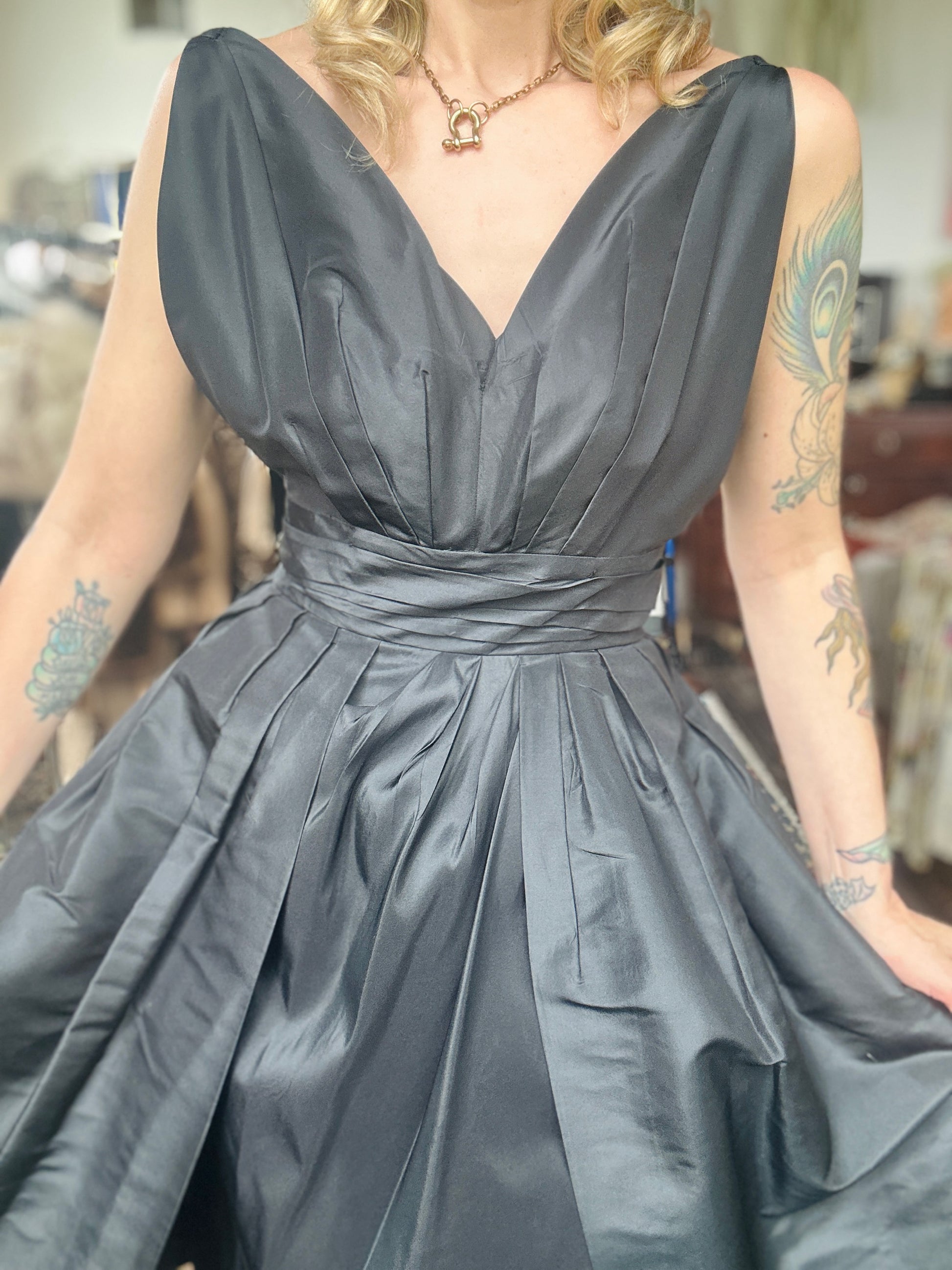 Late 40s / Early 50s Dior Style Black Silk Taffeta Sheath Dress long Peplum - Small