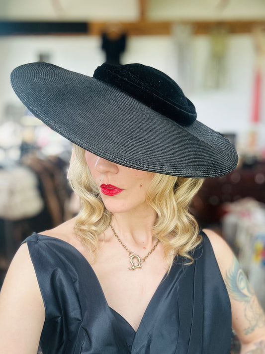 1940s Velvet and Straw Art Deco Halo Hat