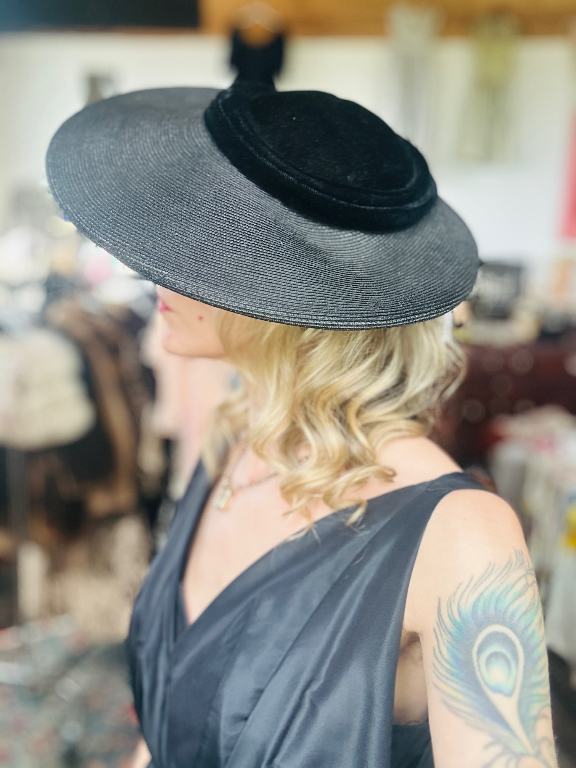 1940s Velvet and Straw Art Deco Halo Hat