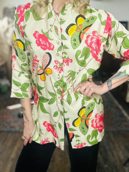 1950s Tanner Silk Botanical Print Jacket - Medium 