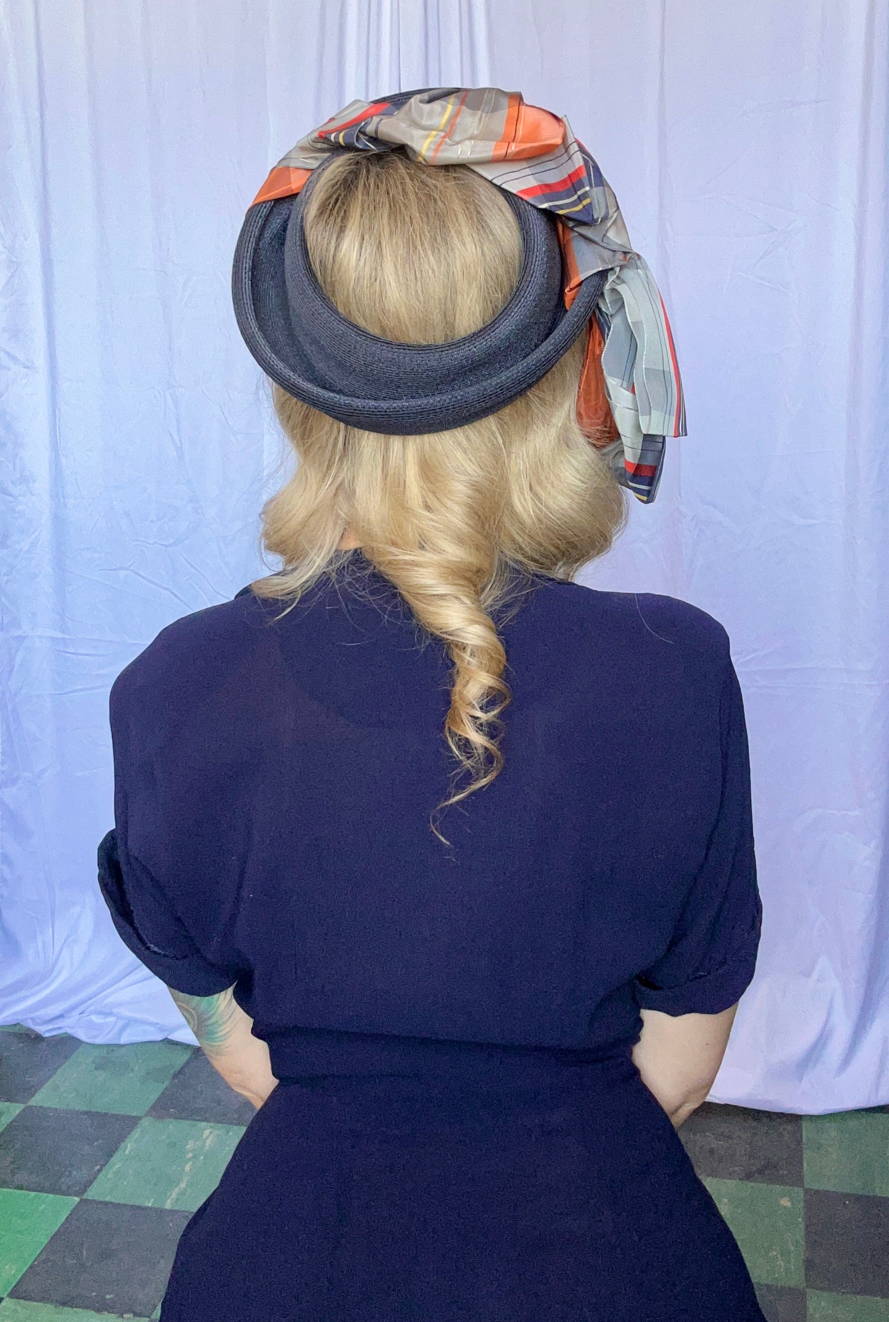 1940s Blue Hat with Plaid Taffeta Scarf detail