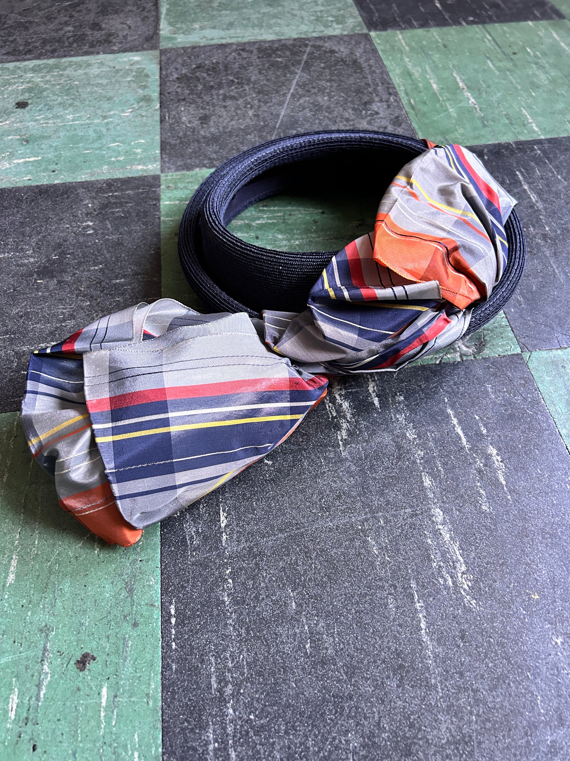 1940s Blue Hat with Plaid Taffeta Scarf detail