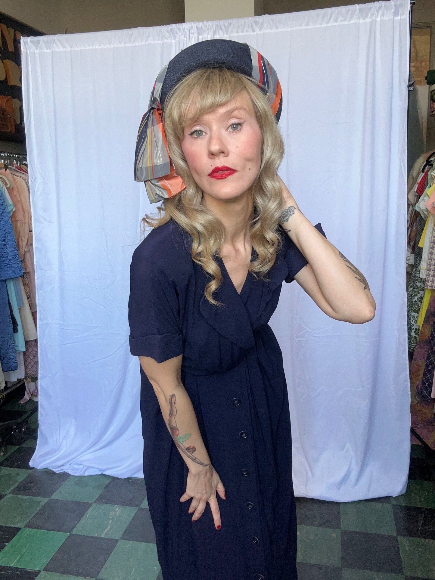 1940s Blue Hat with Plaid Taffeta Scarf detail