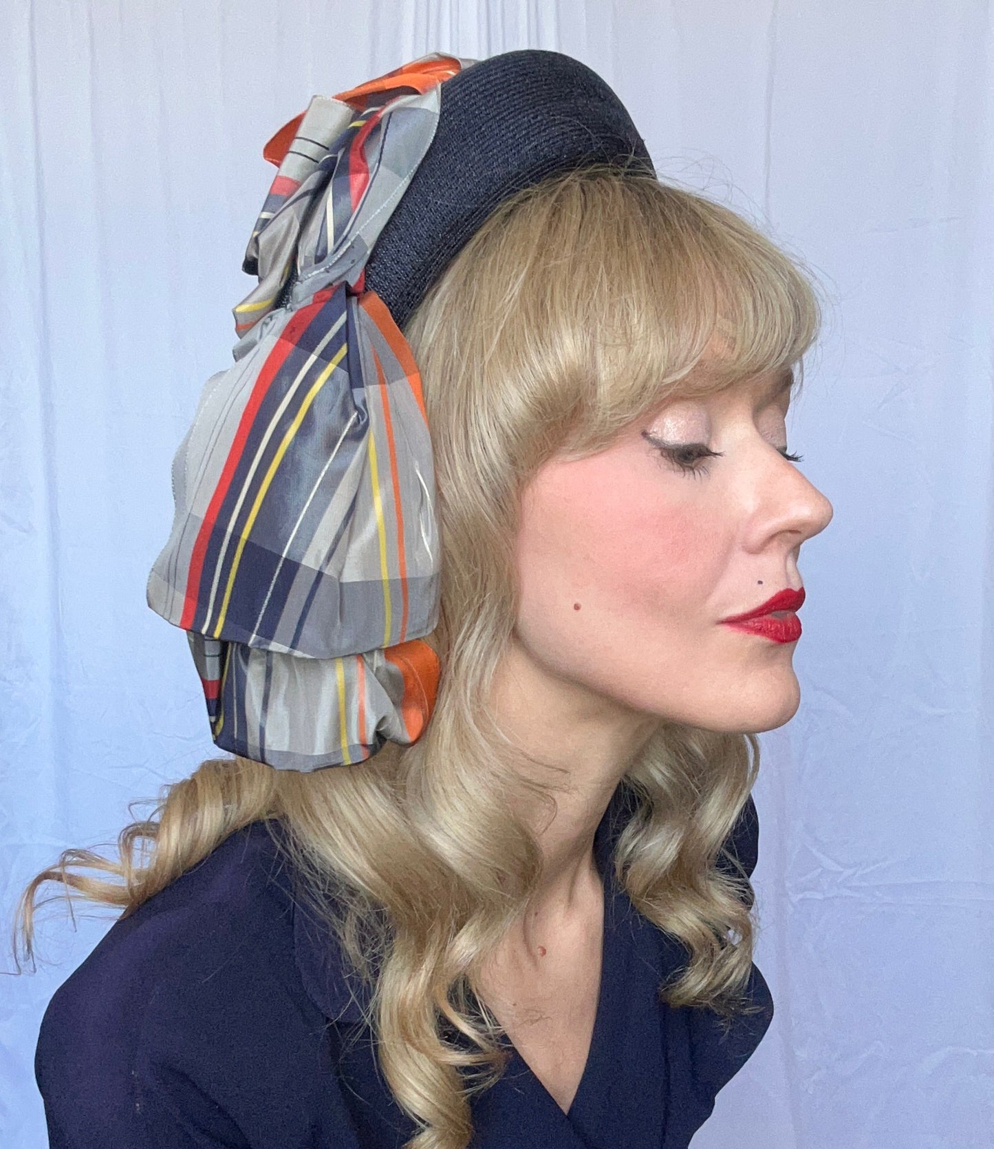 1940s Blue Hat with Plaid Taffeta Scarf detail